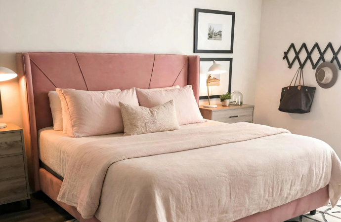 Bedroom Interior Decor: A Step-by-Step Guide to Designing a Stylish Bedroom Chic bedroom design ideas featuring a dusty rose velvet upholstered bed, soft pink bedding, geometric area rug, and wooden nightstands.