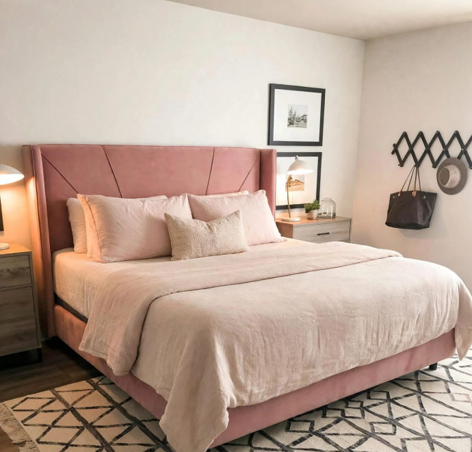 Chic bedroom design ideas featuring a dusty rose velvet upholstered bed, soft pink bedding, geometric area rug, and wooden nightstands.