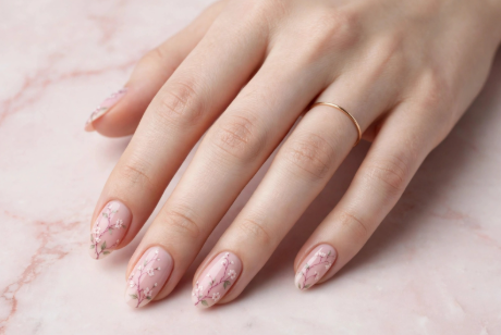 Simple floral nail art designs featuring delicate soft pink cherry blossom branches painted on glossy oval nude nails.