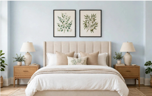 Light blue bedroom decor idea for what to put above a bed, featuring a symmetrical pair of black-framed botanical prints mounted over a beige tufted headboard.
