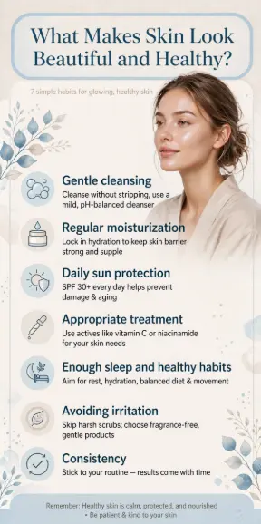 Skincare infographic listing 7 habits on how to make my skin beautiful and healthy.   