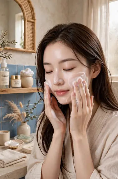 Woman gently washing her face with foaming cleanser showing how to make my skin beautiful.   