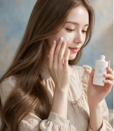 Woman applying SPF sunscreen to cheek showing how to make my skin beautiful.