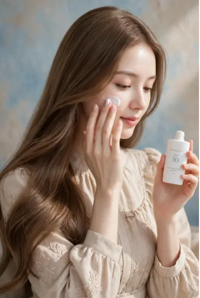 Woman applying SPF sunscreen to cheek showing how to make my skin beautiful.