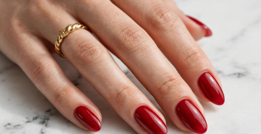 Glossy vibrant classic red almond nails on a white marble surface as nail inspo 2026.