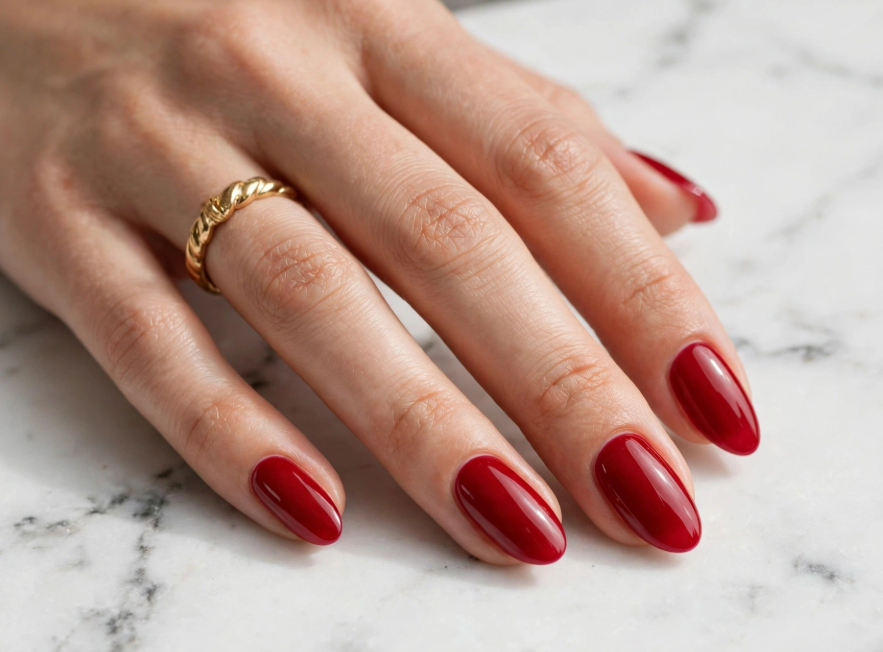 Glossy vibrant classic red almond nails on a white marble surface as nail inspo 2026.