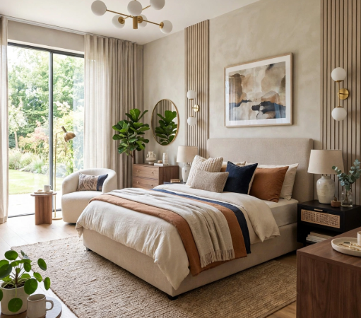 Modern bedroom decorating ideas for the home featuring wood slat accent walls, a neutral upholstered bed, and brass globe lighting.
