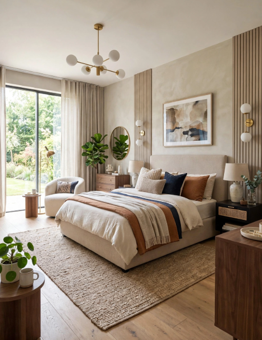 Modern bedroom decorating ideas for the home featuring wood slat accent walls, a neutral upholstered bed, and brass globe lighting.