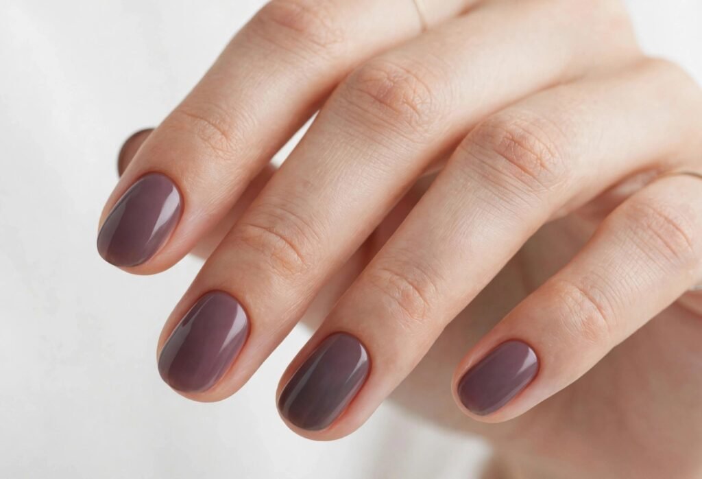 Glossy oval-shaped nails painted in a soft, dusty mauve-plum polish, showcasing a subtle look for fall plum nails 2026.   
