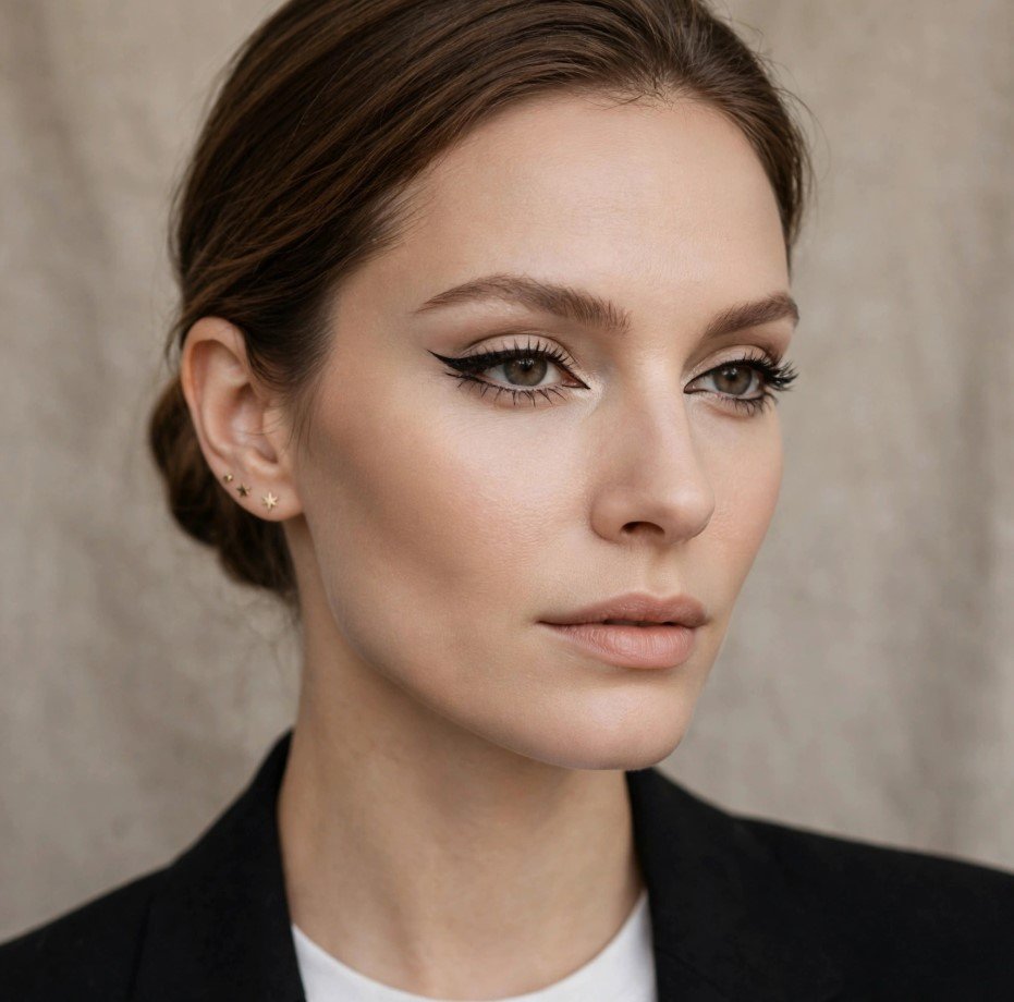 Sharp winged eyeliner look with sculpted cheekbones and soft nude lips for sophisticated makeup looks ideas.   