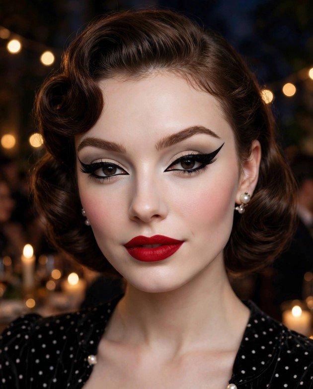 Vintage Hollywood glam with dramatic winged eyeliner and bold matte red lips for retro makeup looks ideas.   