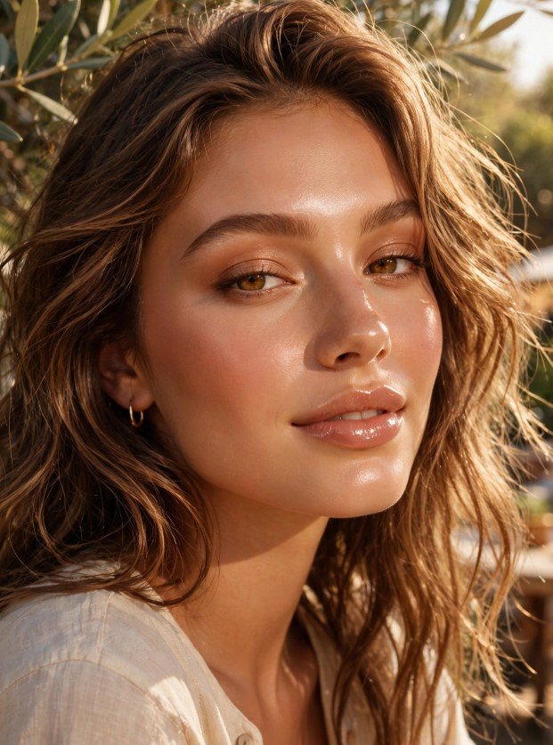Sun-kissed golden bronze glam with glossy skin and sheer nude lips for summer makeup looks ideas.   