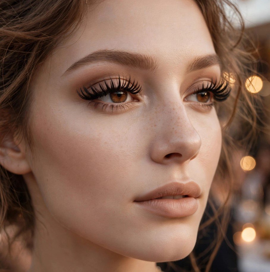 Wispy fluttery eyelash extensions with neutral matte eyeshadow and nude lips for soft glam makeup looks ideas.   