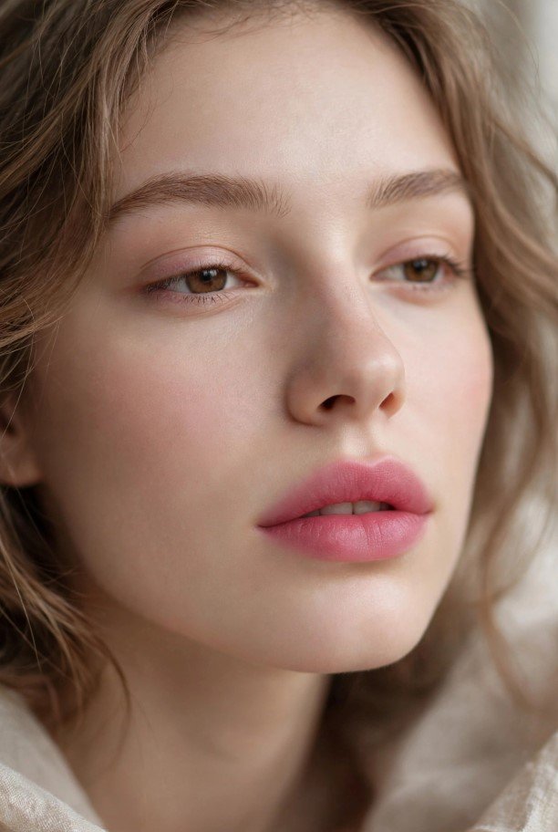 Minimalist no-makeup makeup look featuring soft blotted pink lips and fresh skin for everyday makeup looks ideas.   