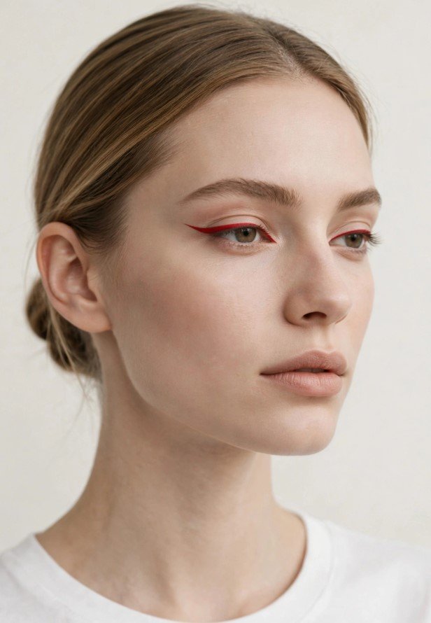 Graphic red winged eyeliner with natural matte skin and nude lips for creative makeup looks ideas.   