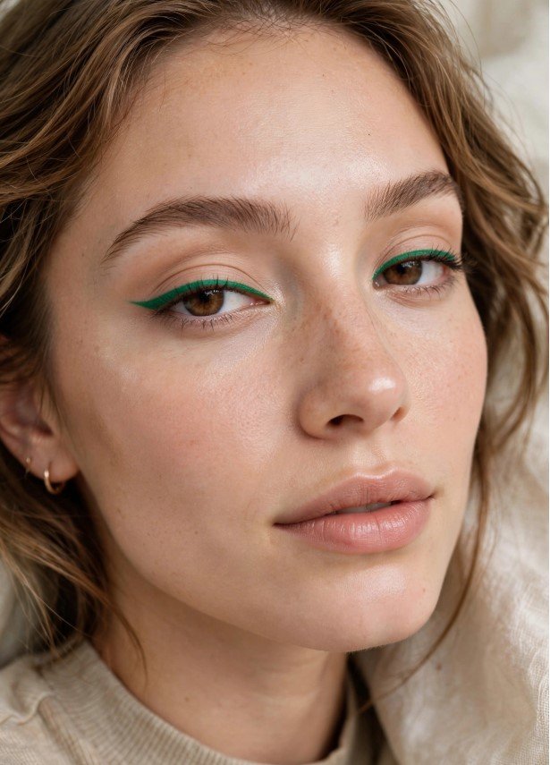 Vibrant green winged eyeliner with fresh dewy skin and glossy lips for playful makeup looks ideas.   