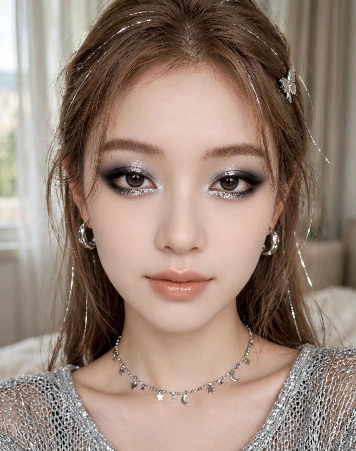 Silver glitter smoky eye makeup with porcelain skin and soft nude lips for party makeup looks ideas.   