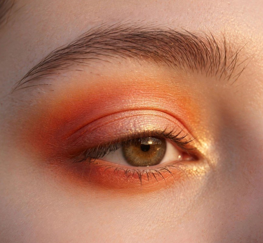 Blended sunset orange eyeshadow with gold inner-corner shimmer for vibrant summer makeup looks ideas.   