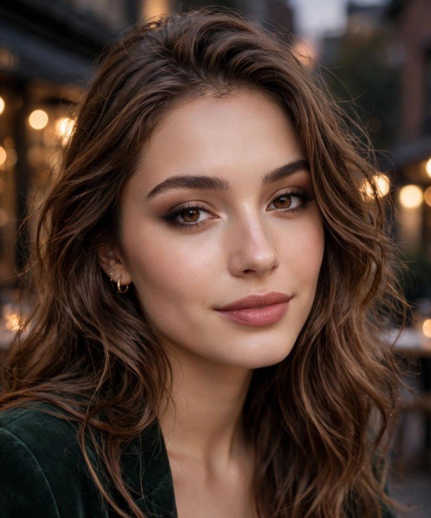 Soft glam evening look with blended bronze eyeshadow and satin mauve lips for timeless makeup looks ideas.   