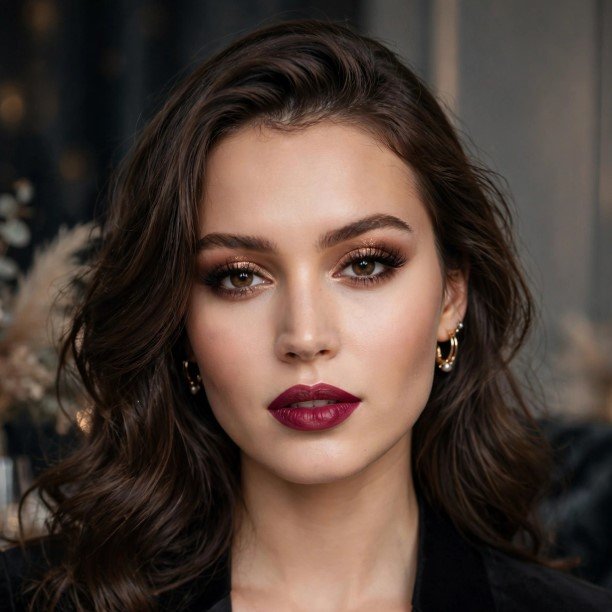 Shimmering bronze eyeshadow with bold berry-wine lipstick for elegant evening makeup looks ideas.   