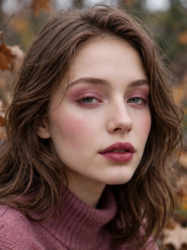 Soft monochromatic dusty rose makeup with flushed cheeks and satin mauve lips for cozy fall makeup looks ideas.   