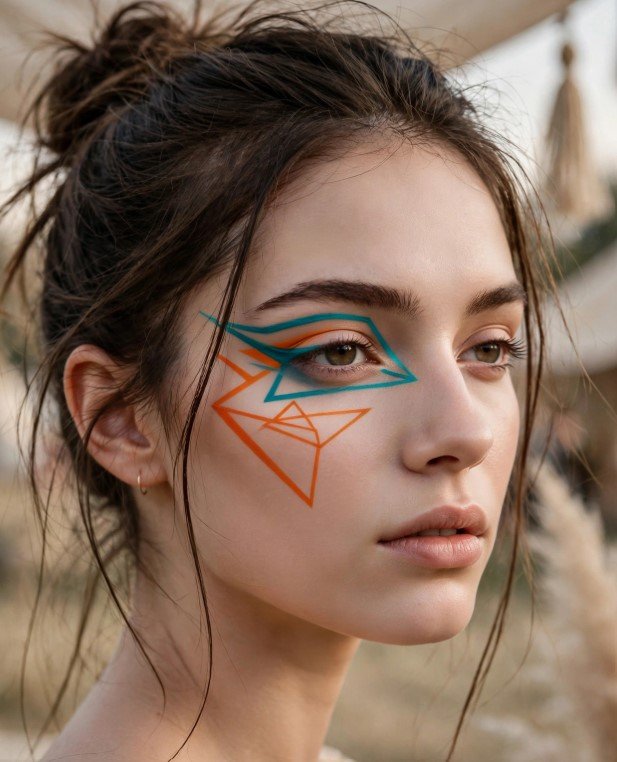 Avant-garde festival face art with turquoise and orange geometric line work for artistic makeup looks ideas.   