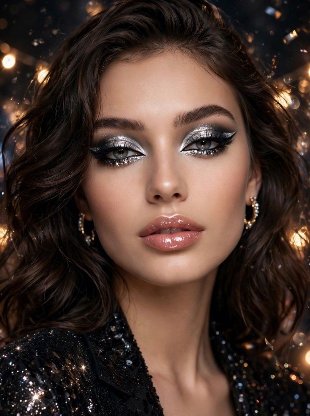 Glittering silver smoky eye with winged liner and glossy nude lips for New Year's Eve makeup looks ideas.   