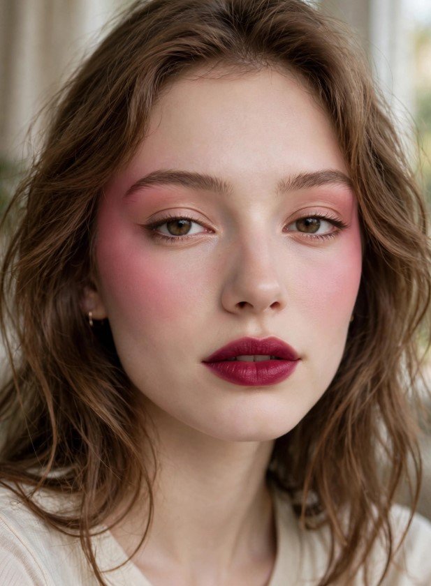 Ethereal soft glam featuring temple-draped pink blush and blotted berry lipstick for romantic makeup looks ideas.   