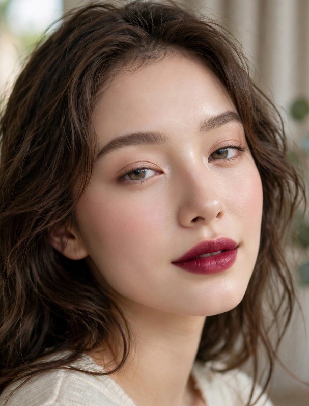 Dewy glass skin paired with a soft blurred berry lip for elegant everyday makeup looks ideas.   