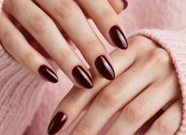 Almond-shaped fall inspiration nails painted in a glossy, rich deep burgundy and dark wine-red polish.