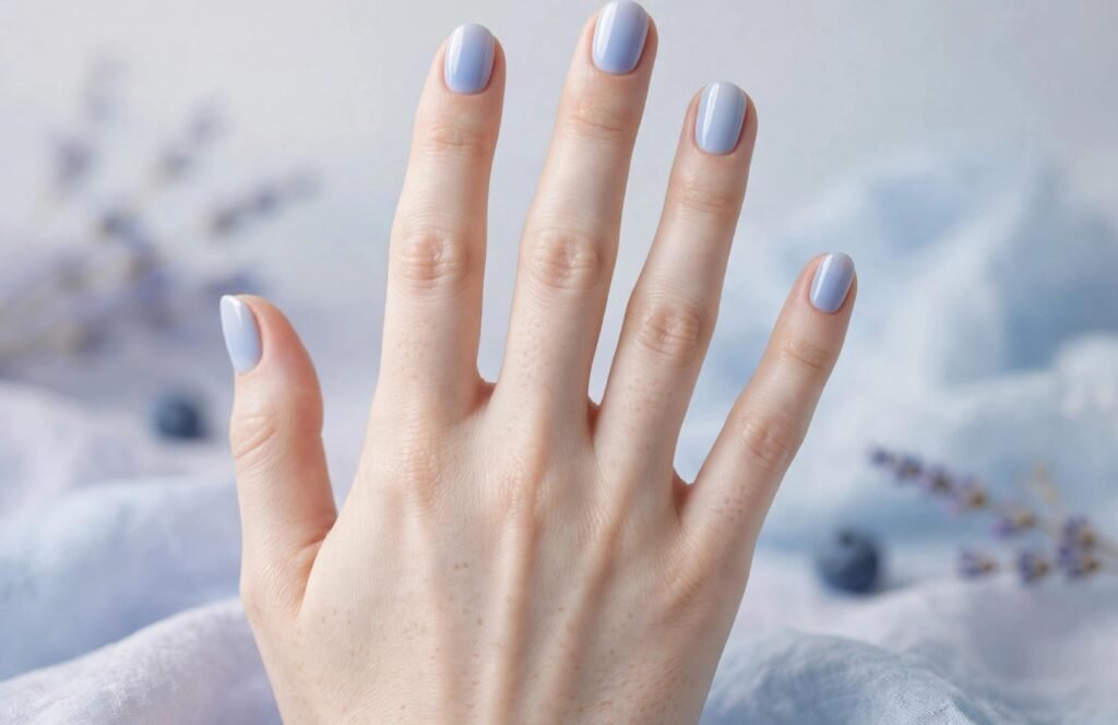 Short nail inspo 2026 showing glossy pastel periwinkle baby blue gel polish on neat rounded-oval nails.   