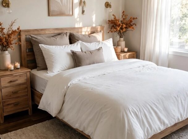 Neutral warm bedroom decorated with minimalist fall decor ideas for the home, featuring a wooden platform bed with crisp white and taupe bedding, matching wooden nightstands with glowing candles, and ceramic vases filled with burnt orange autumn leaves.