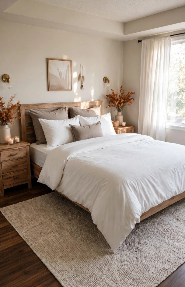 Neutral warm bedroom decorated with minimalist fall decor ideas for the home, featuring a wooden platform bed with crisp white and taupe bedding, matching wooden nightstands with glowing candles, and ceramic vases filled with burnt orange autumn leaves.
