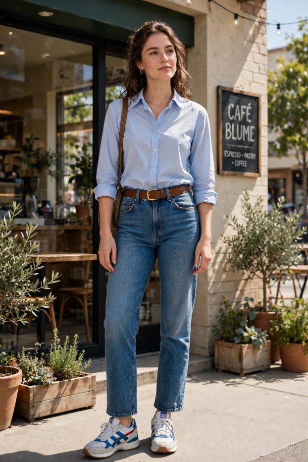 Smart casual jeans and sneakers outfit ideas featuring high-waisted straight-leg blue jeans, retro blue-and-white athletic sneakers, a tucked-in light blue button-down shirt, and a brown leather belt.   