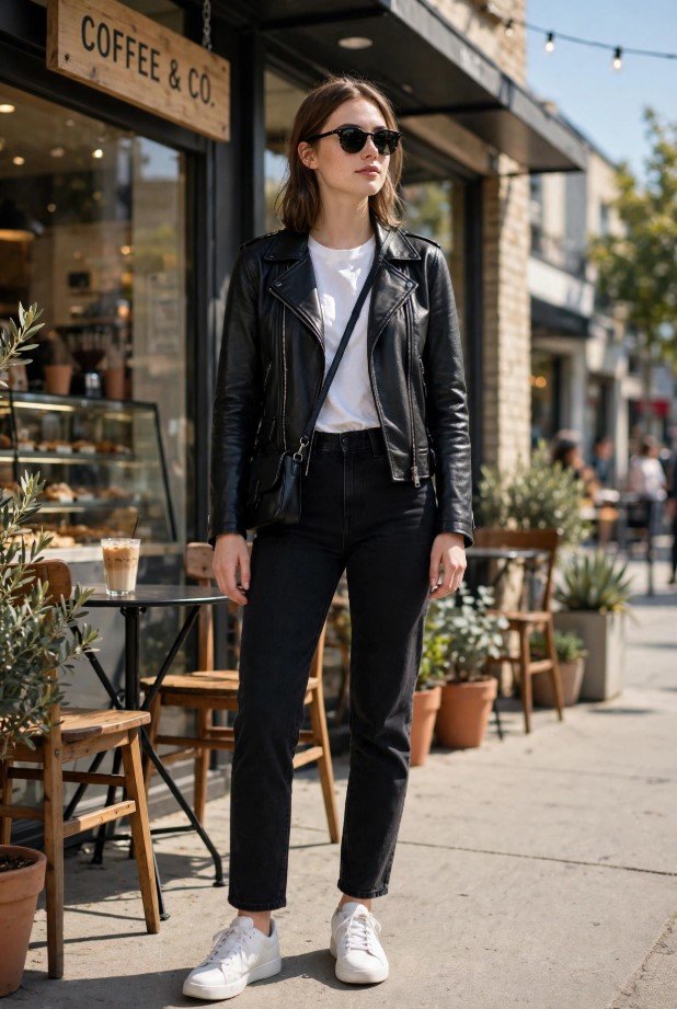 Smart casual jeans and sneakers outfit ideas featuring high-waisted straight-leg blue jeans, retro blue-and-white athletic sneakers, a tucked-in light blue button-down shirt, and a brown leather belt.   