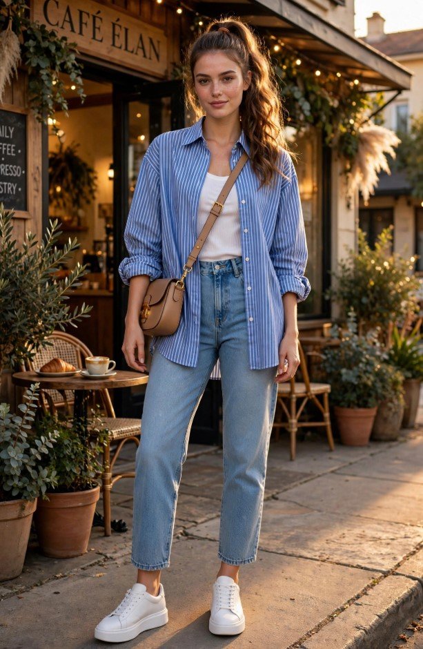 Casual chic jeans and sneakers outfit ideas featuring high-waisted cropped blue jeans, clean white leather platform sneakers, a white tank top, and an oversized blue-and-white striped button-down shirt.   