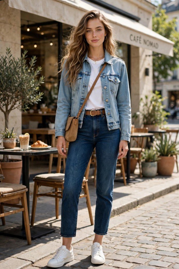 Casual chic jeans and sneakers outfit ideas featuring high-waisted cropped blue jeans, clean white leather platform sneakers, a white tank top, and an oversized blue-and-white striped button-down shirt.   
