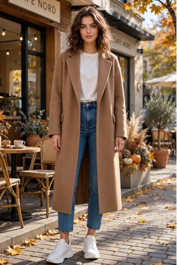 Chic fall jeans and sneakers outfit ideas featuring straight-leg blue denim, chunky white sneakers, a plain white crewneck tee, and a long camel wool trench coat.   