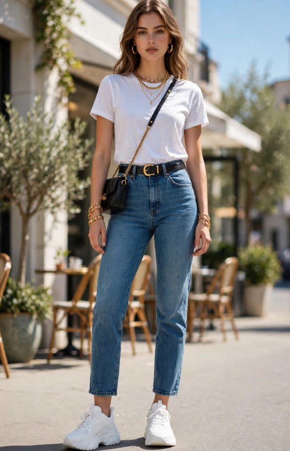 Casual chic jeans and sneakers outfit ideas featuring high-waisted blue straight-leg jeans, chunky white trainers, a tucked-in white crewneck t-shirt, and gold jewelry accents.   