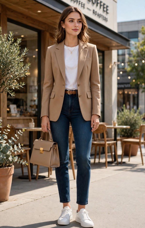 Smart casual jeans and sneakers outfit ideas featuring dark-wash skinny jeans, clean white leather sneakers, a beige tailored blazer, and a neutral structured handbag.   