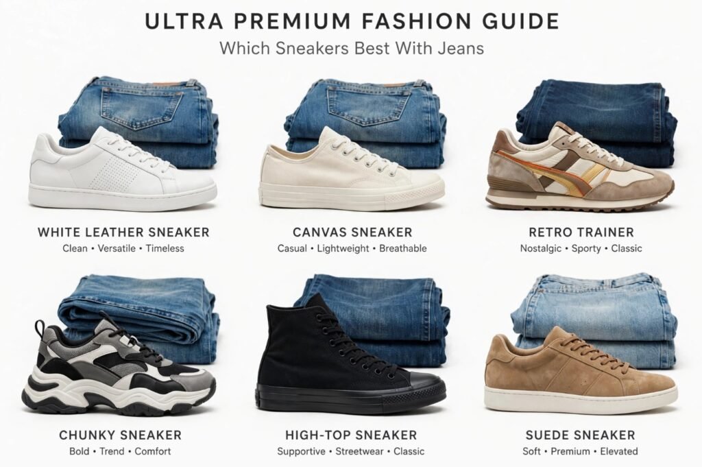 Infographic guide for jeans and sneakers outfit ideas showcasing six shoe styles: white leather sneakers, canvas shoes, retro trainers, chunky sneakers, black high-tops, and suede sneakers paired with folded denim.   
