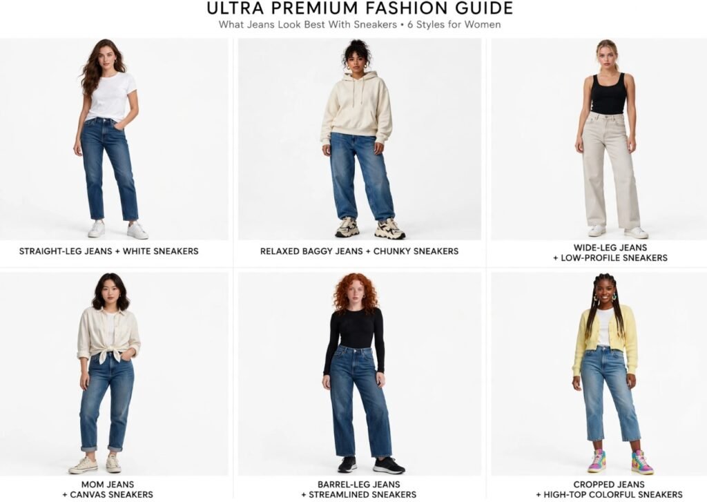 Style guide infographic for jeans and sneakers outfit ideas showcasing 6 women's denim combinations: straight-leg, relaxed baggy, wide-leg, mom jeans, barrel-leg, and cropped jeans paired with sneakers.   