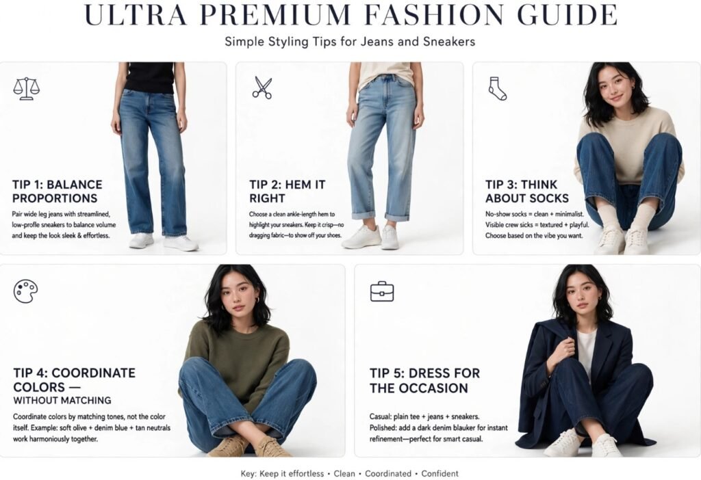 Styling tips infographic for jeans and sneakers outfit ideas covering balance proportions, hem length, sock choices, color coordination, and occasion dressing.   