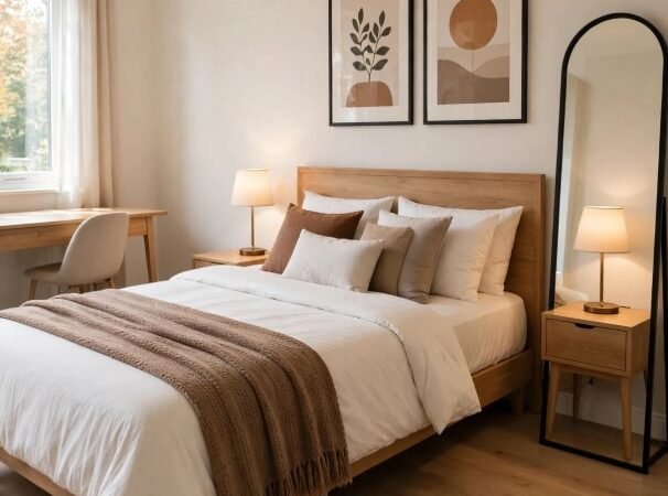 Cozy, minimalist bedroom styled with fall home decor trends 2026, featuring a light oak bed frame, warm knitted throw blanket, rattan pendant lamp, and earth-toned pillows.