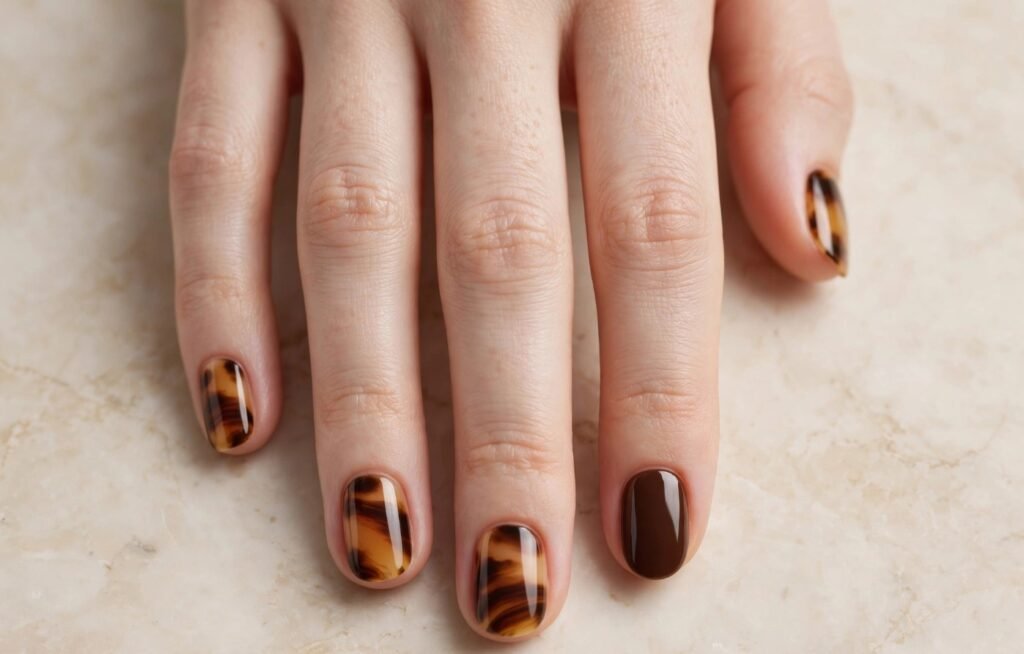 Short nail inspo 2026 showing glossy tortoiseshell amber marble pattern with a solid dark chocolate brown accent nail on short squoval nails.   