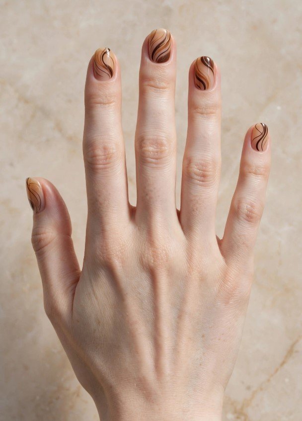Short nail inspo 2026 showing retro brown and tan wavy swirl nail art on neat rounded nude nails.   