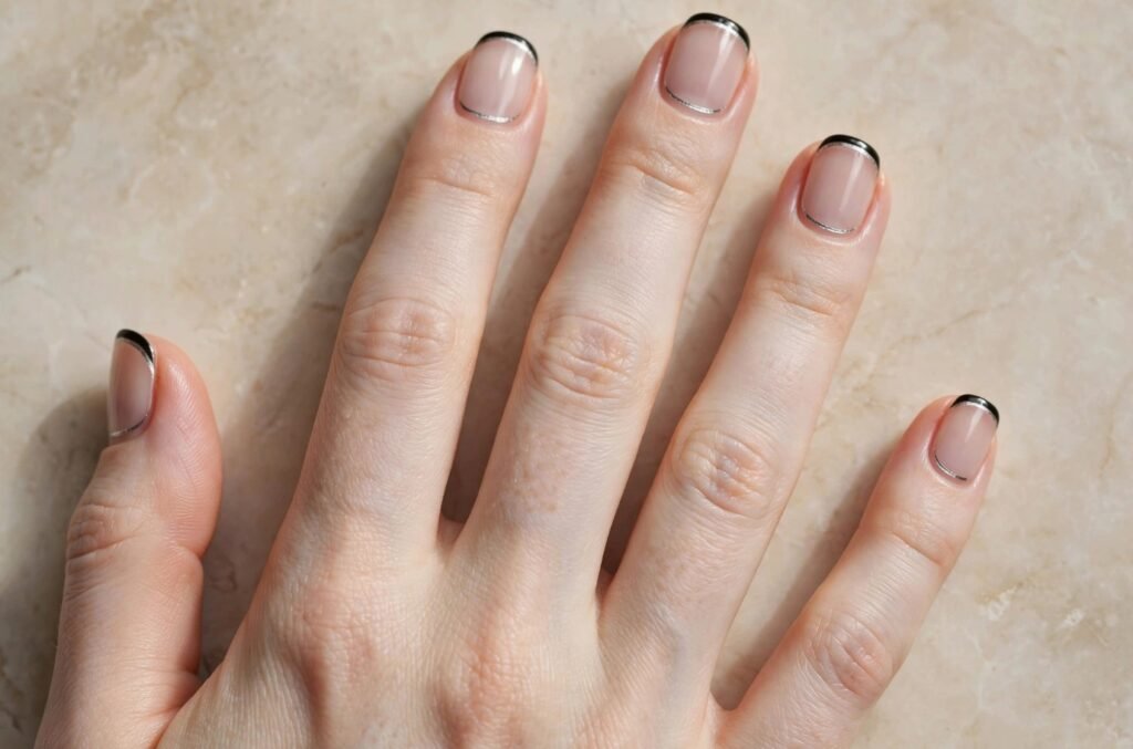 Short nail inspo 2026 showing modern black micro French tips with delicate silver metallic outline borders on sheer nude rounded nails.   