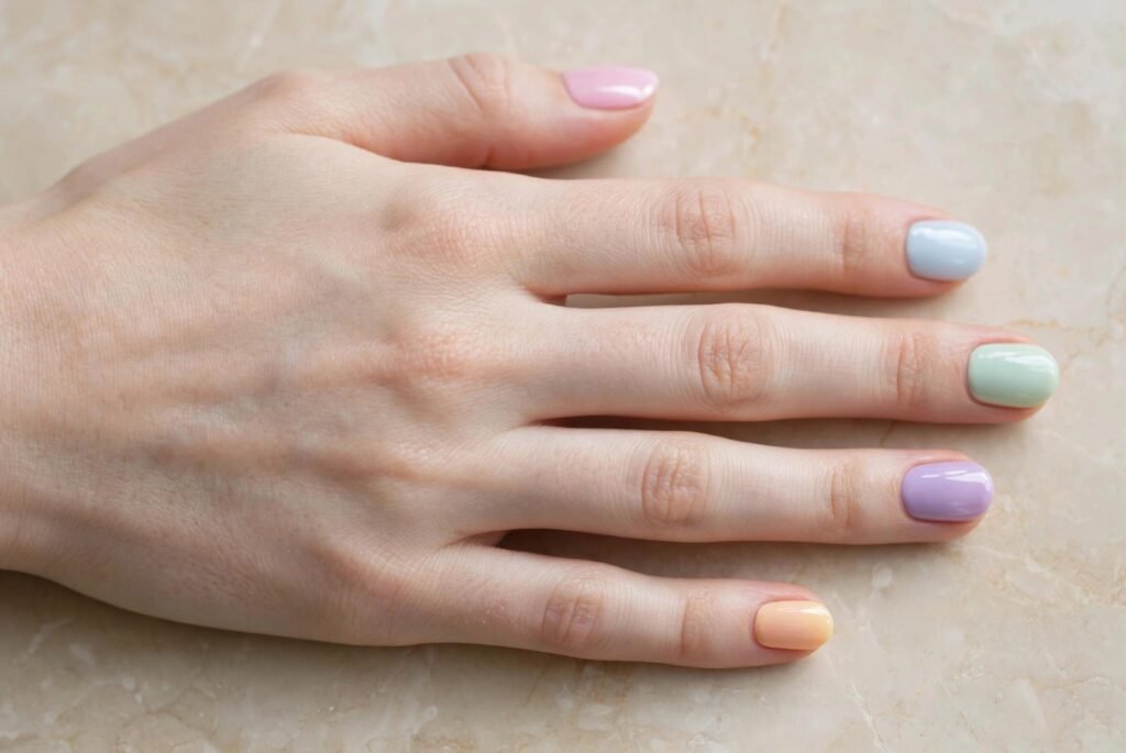 Short nail inspo 2026 showing a glossy pastel skittle rainbow manicure with multicolor pastel shades on neat rounded squoval nails.   