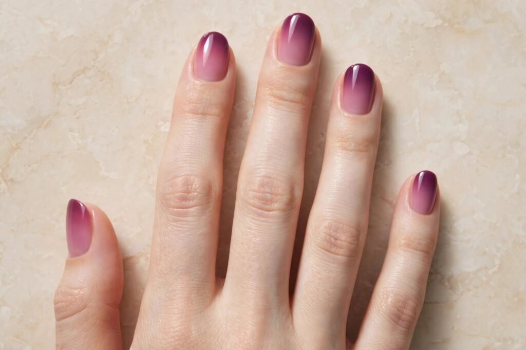Short nail inspo 2026 showing deep plum-to-nude ombre gradient gel polish on neat rounded-oval nails.   