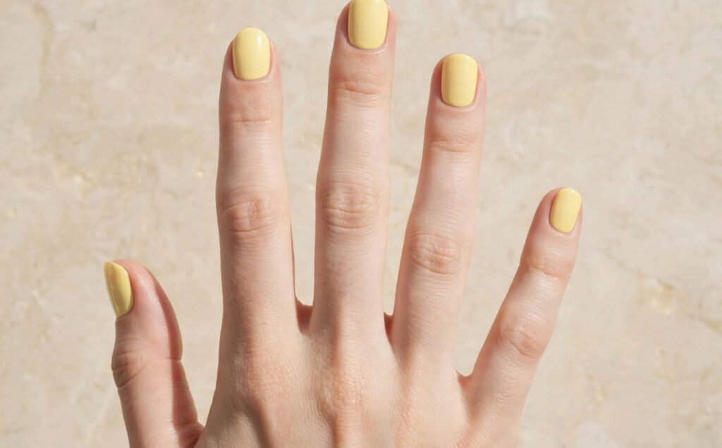 Short nail inspo 2026 showing glossy pastel butter yellow gel polish on neat rounded-squoval nails.   